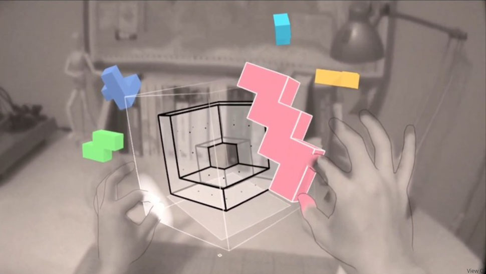 Jemand, der Cubism spielt, ein VR-Spiel, das Passthrough-Viewing ermöglicht.