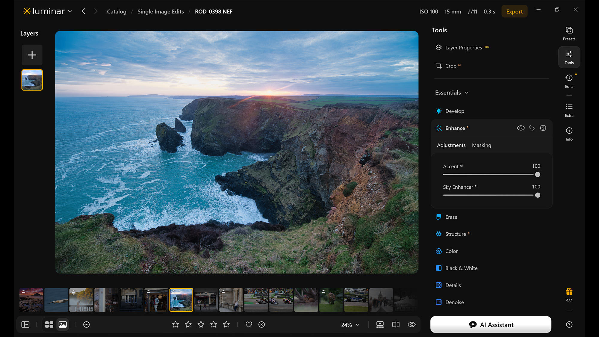 Screenshot from Luminar showing the Enhance AI tool being used on a seascape