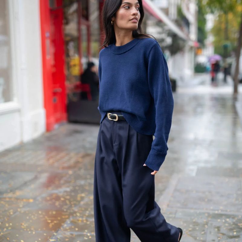 Devon Jumper in Navy Cotton on model 