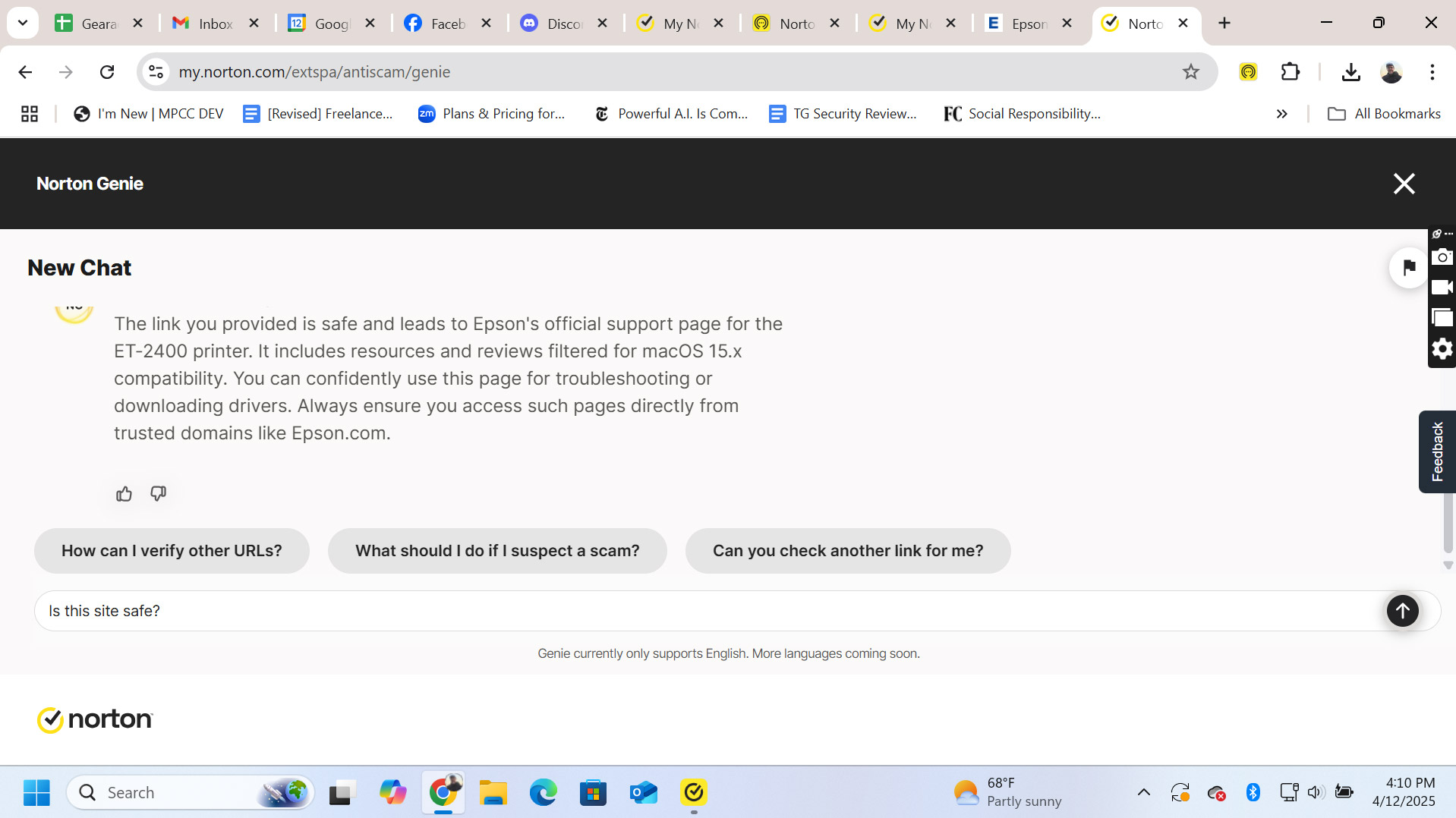 A screenshot of the Norton 360 Deluxe Genie chat interface.
