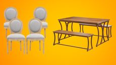 Yellow background in fading gradient with French gray dining chairs and a wooden walnut look dining table and bench