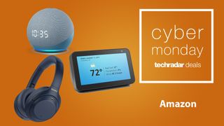 Amazon Cyber Monday deals banner featuring Echo Dot, Echo Show and Sony headphones