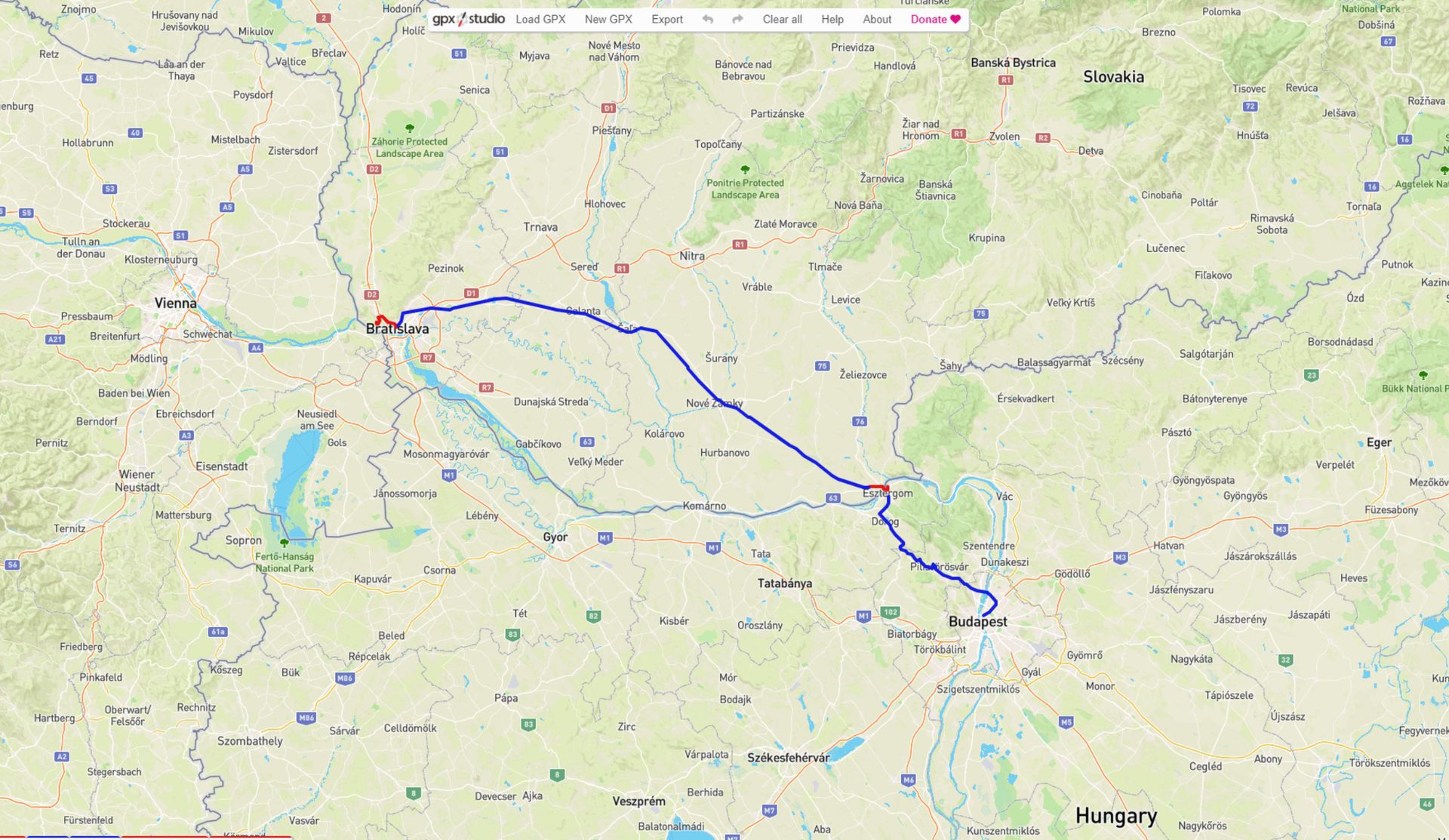 Image shows the route from Bratislava to Budapest via Esztergom