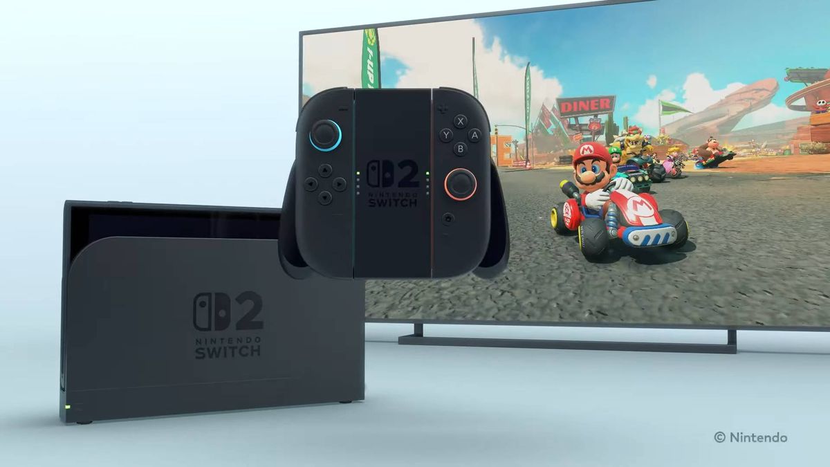 Nintendo Switch 2 next to TV with controller grip and JoyCons hovering