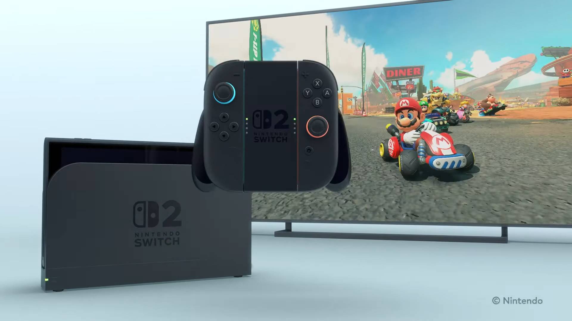 La Nintendo Switch 2 está al lado del televisor, con el mango del mando y los JoyCons montados