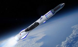 A Blue Origin New Glenn rocket launches a Eutelsat satellite in this artist's illustration. Eutelsat is Blue Origin's first launch customer for the massive New Glenn rocket.