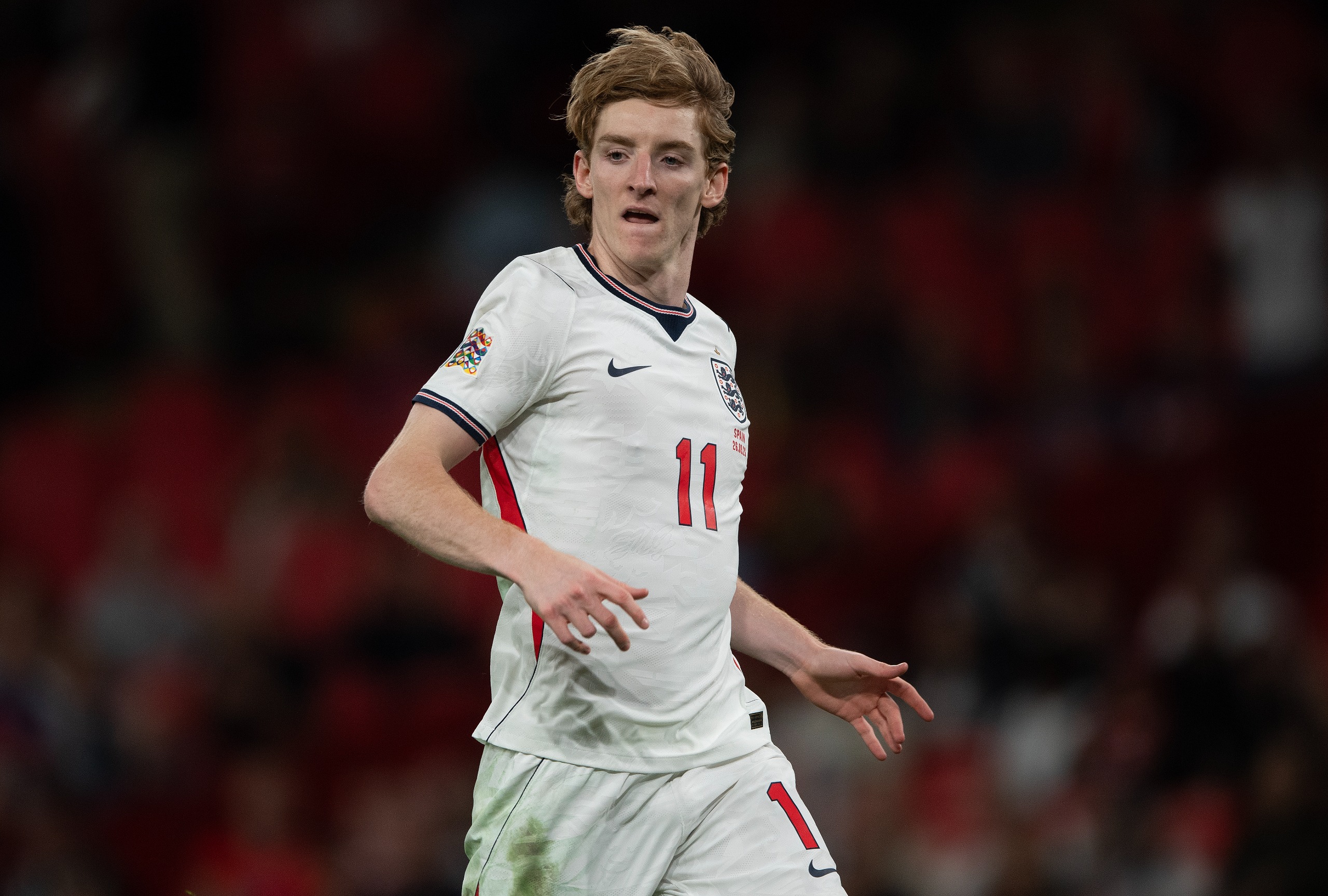 Barcelona winger Anthony Gordon in action for England