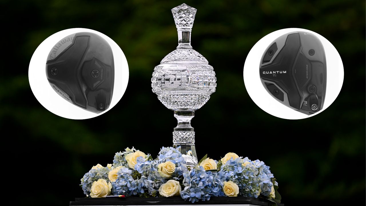 The AT&amp;T Pebble Beach Pro-Am trophy, with two different Callaway heads around it