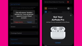 Two iPhone screens side by side showing AirPods Settings