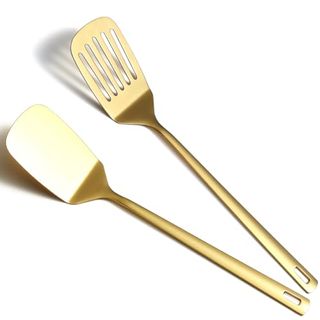 Gold Spatulas Set of 2, Kyraton Stainless Steel Spatula, Metal Spatulas, Kitchen Solid Slotted Turner, Titanium Gold Plating Cooking Utensils Set, Dishwasher Safe