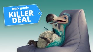 Dodo bird mascot sitting on lounge chair looking at mobile phone with 'Killer Deal' badge overlaid
