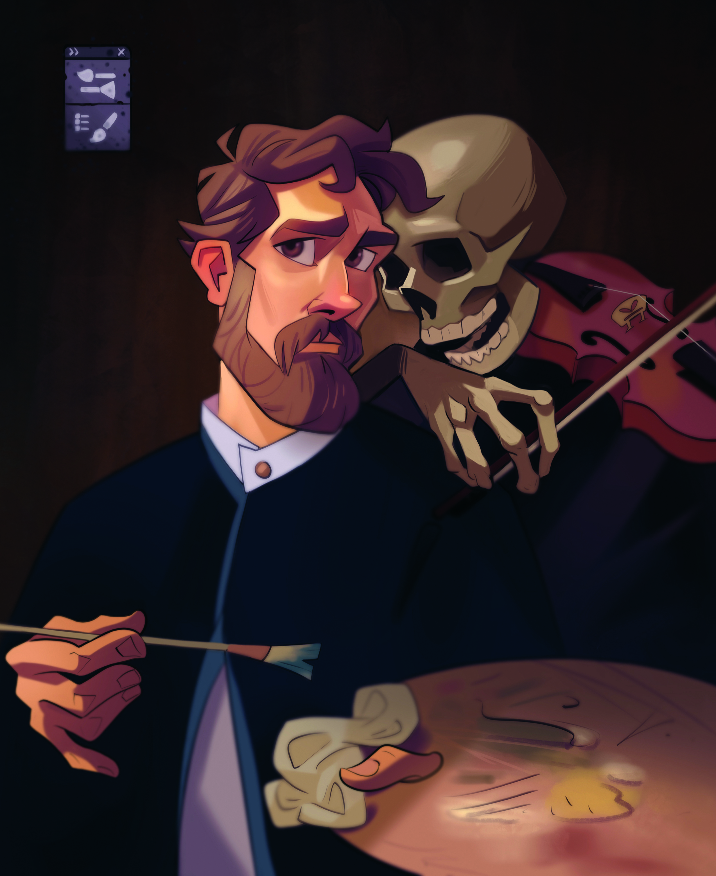 2D art of the week; A bearded man with a violin-playing skeleton