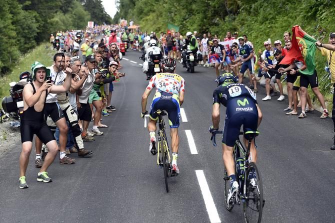 Rafal Majka attacks Giovanni Visconti on the Pla d'Adet