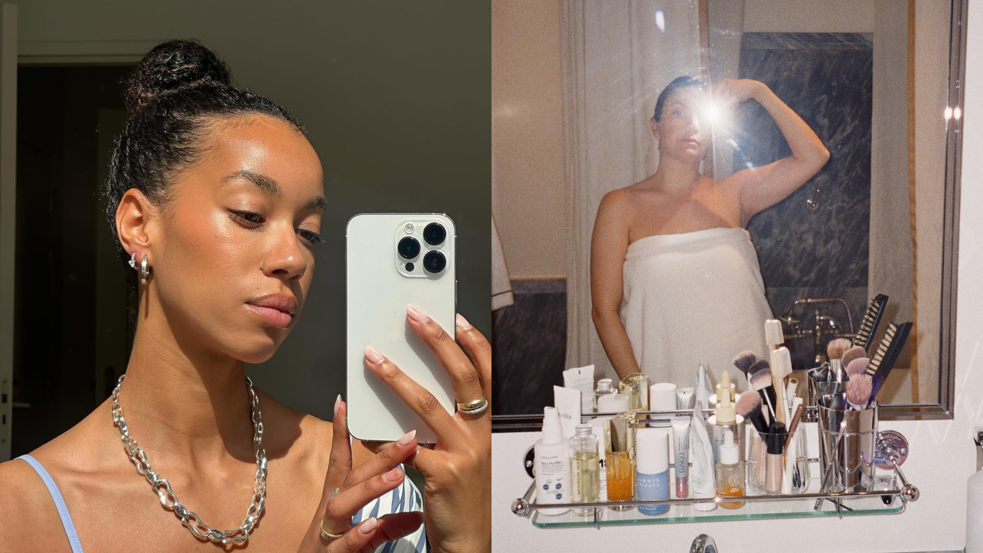 Photo collage of creators @amaka.hamelijnck and @emmahoareau taking mirror selfies