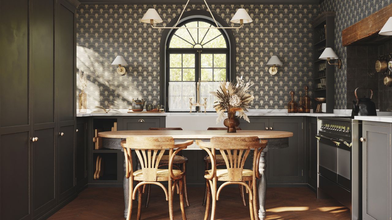 gray kitchen with oval dining table, gray wallpaper, wooden floor boards, white wall lights and matching pendant above table, floor to ceiling gray cabinets on left