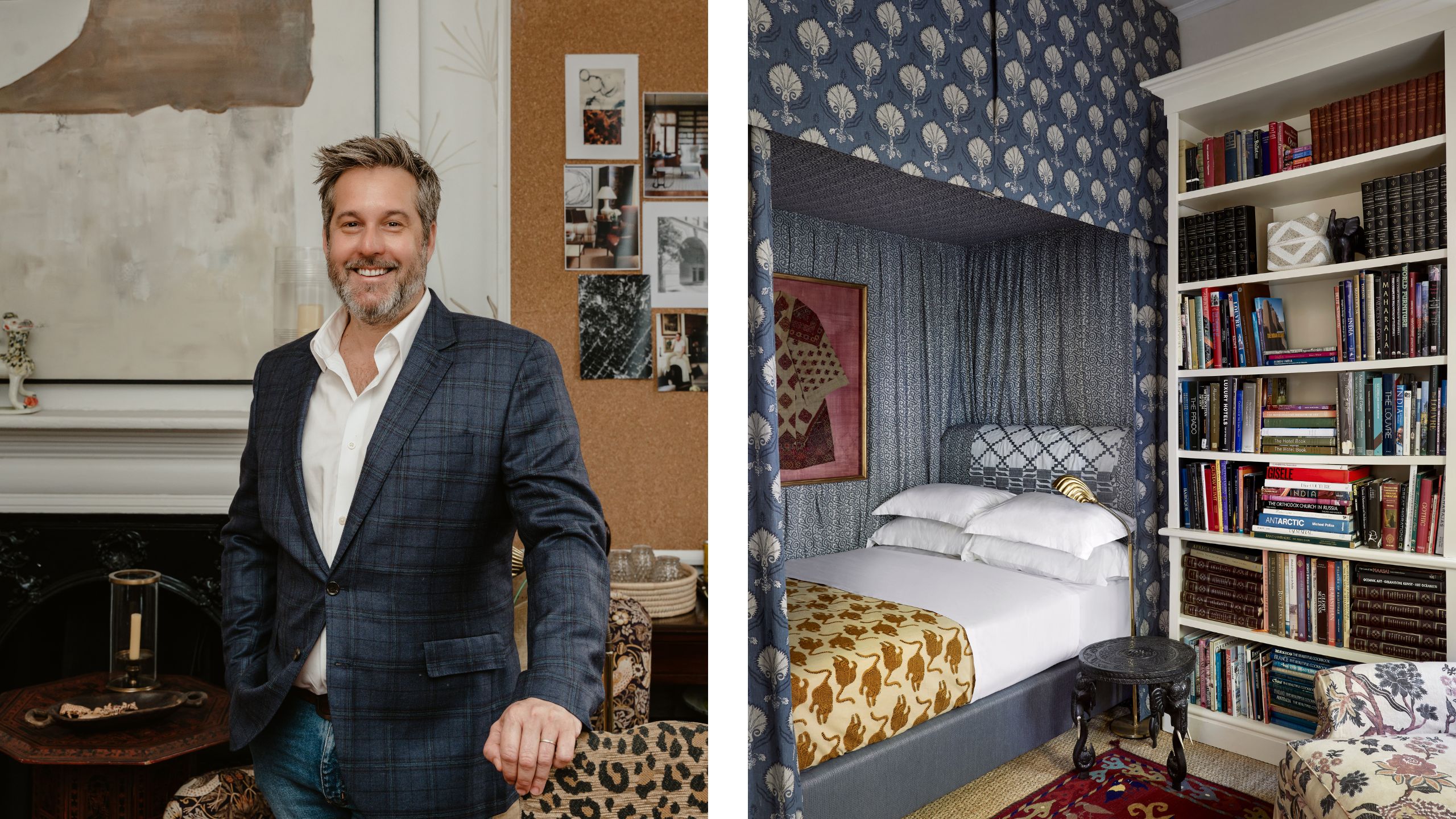 Designer Gregory Mellor smiling in a plaid blazer on the left, next to a cozy bed nook with blue patterned wallpaper and filled bookshelves on the right.