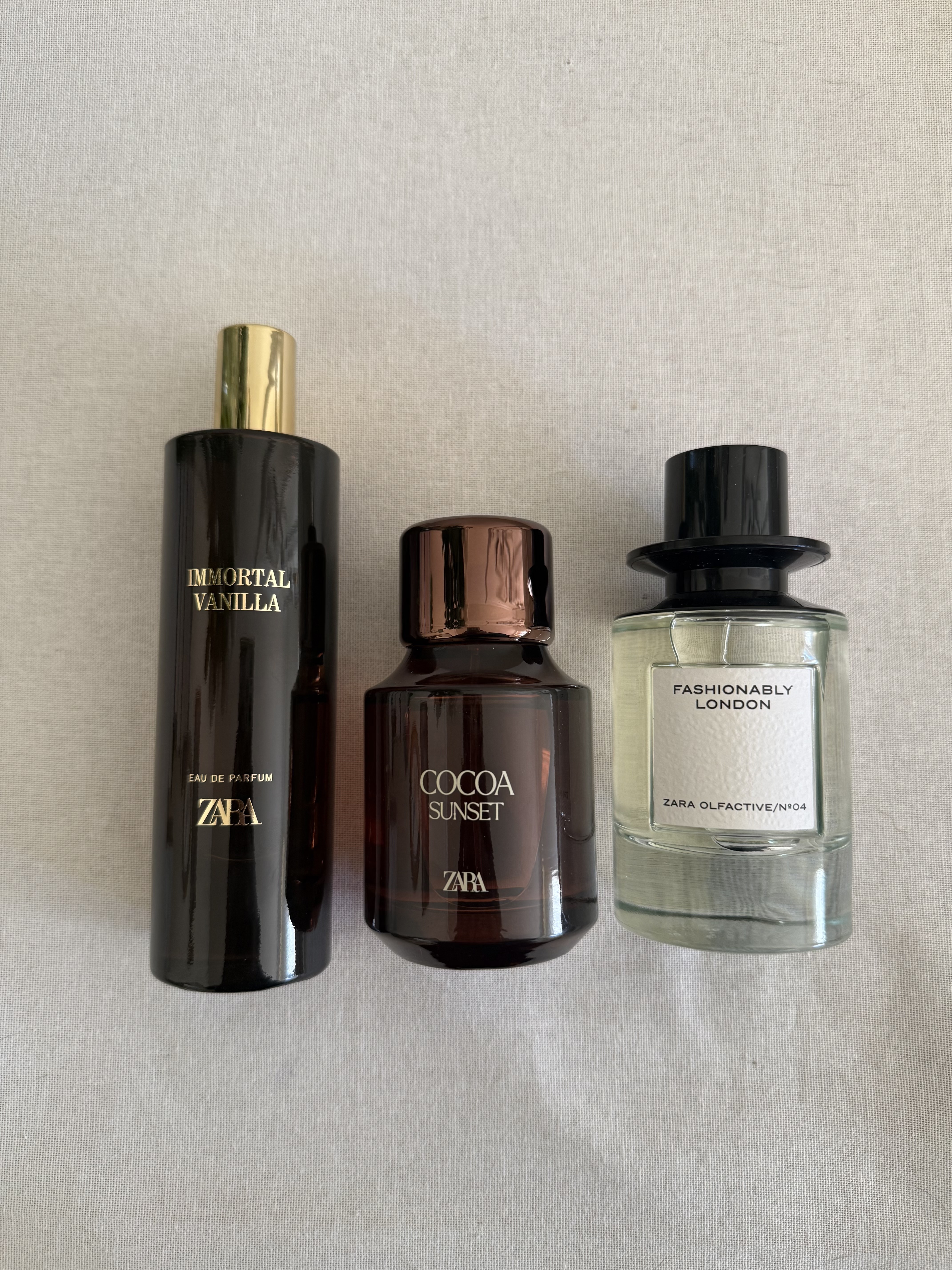 Three of Zara's bestselling fragrances: Immortal Vanilla Eau de Parfum, Cocoa Sunset Eau de Parfum, and Fashionably London Eau de Parfum