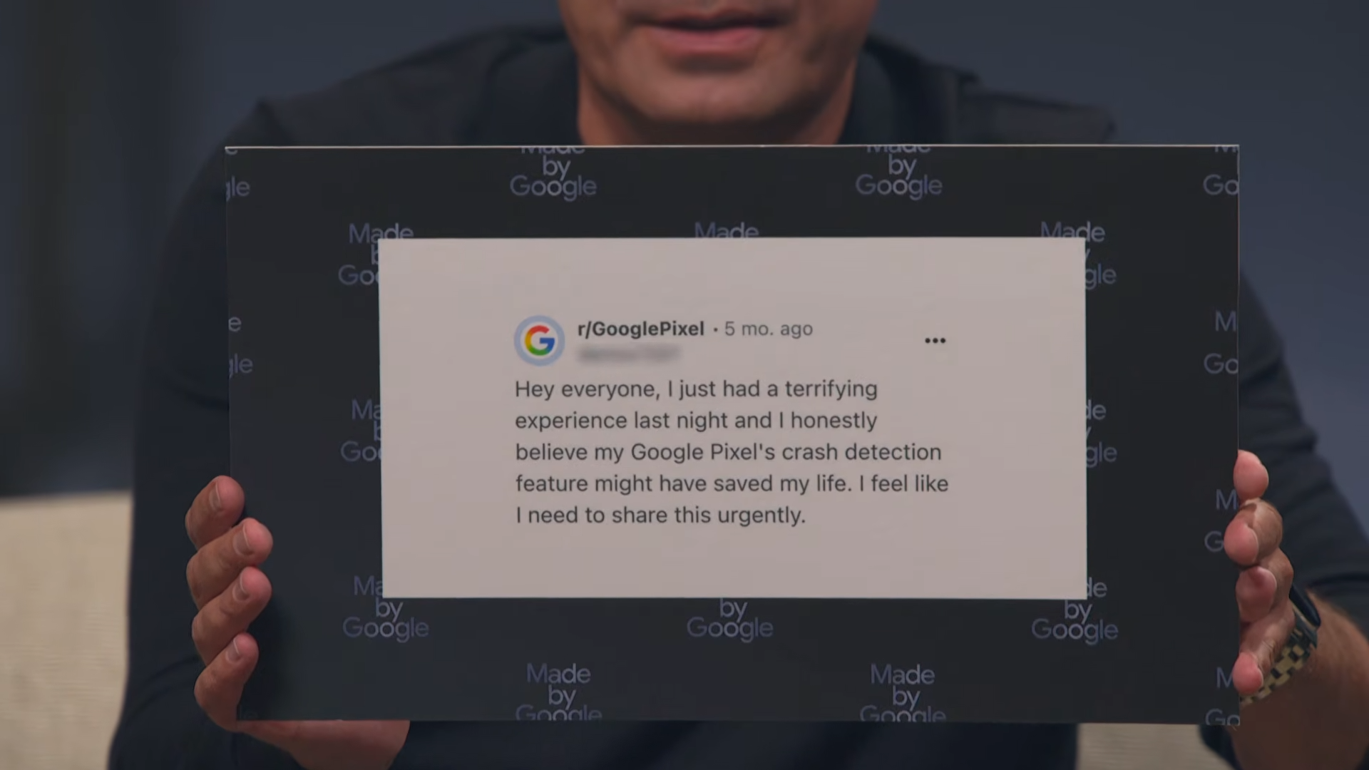 Jimmy holding up comments from the Google Pixel subreddit