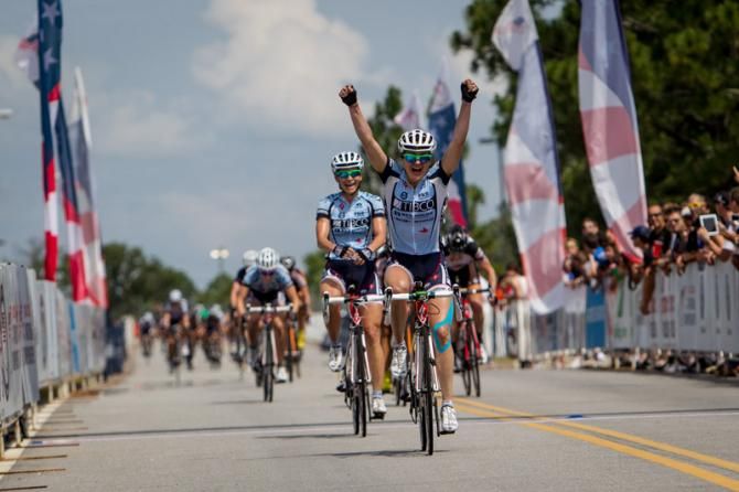 Megan Gaurnier (TIBCO) wins the women's road national championship road race with teammate Lauren Hall coming in second.