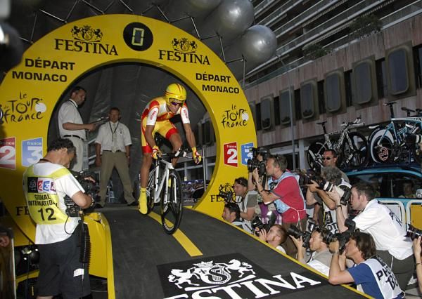 Spanish time trial champion Alberto Contador (Astana) rolls out of the start house.