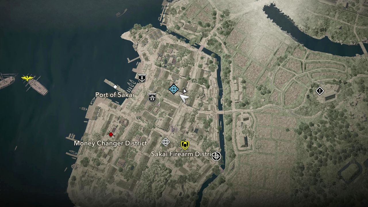 Assassin's Creed Shadows Heiji location Way of the Blacksmith - A map showing the location of Heiji in central Sakai.