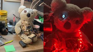 A robotic koala bear with ChatGPT integration, both on a desk and lit up in terrifying red