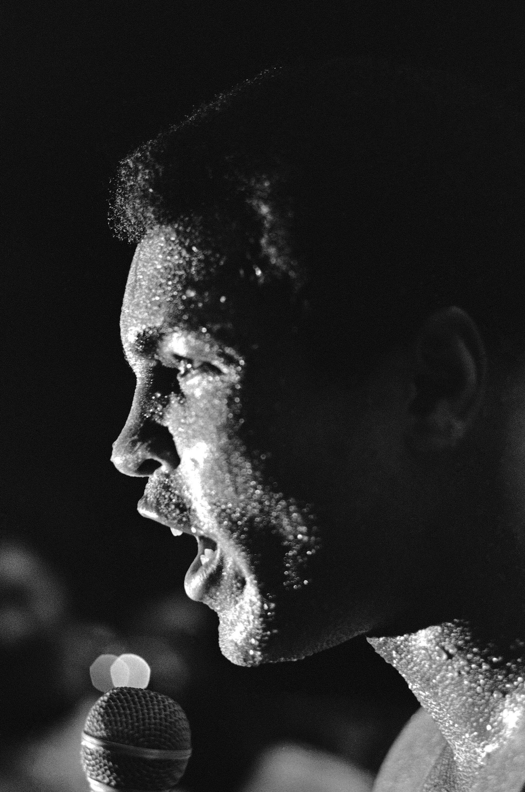 2NEH99G The face of Muhammad Ali is covered in perspiration after a workout, Sept. 8, 1978 in New Orleans where he is getting ready for his rematch will Leon Spinks for the title. Ali said he is training a lot harder this time around. (AP Photo/Jack Thornell)