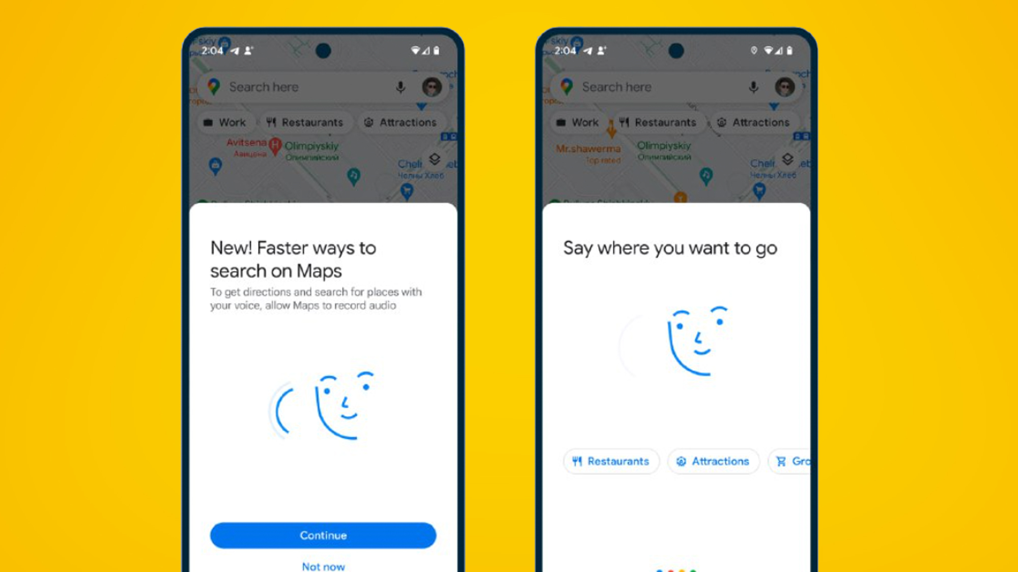 Two phones on an orange background showing the new Google Maps voice control update