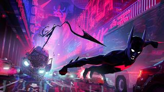 Una pieza de arte conceptual que muestra a Batman volando a través de una Gotham neofuturista para una película de animación de Batman Beyond.