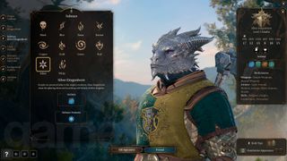Baldur's Gate 3 race character creation screen with silver dragonborn