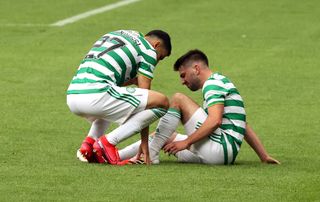 Celtic’s Greg Taylor failed to run off a knock