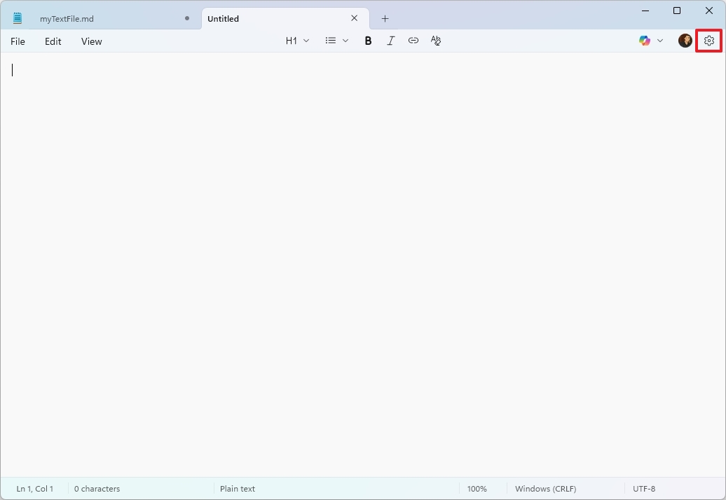 Notepad settings button