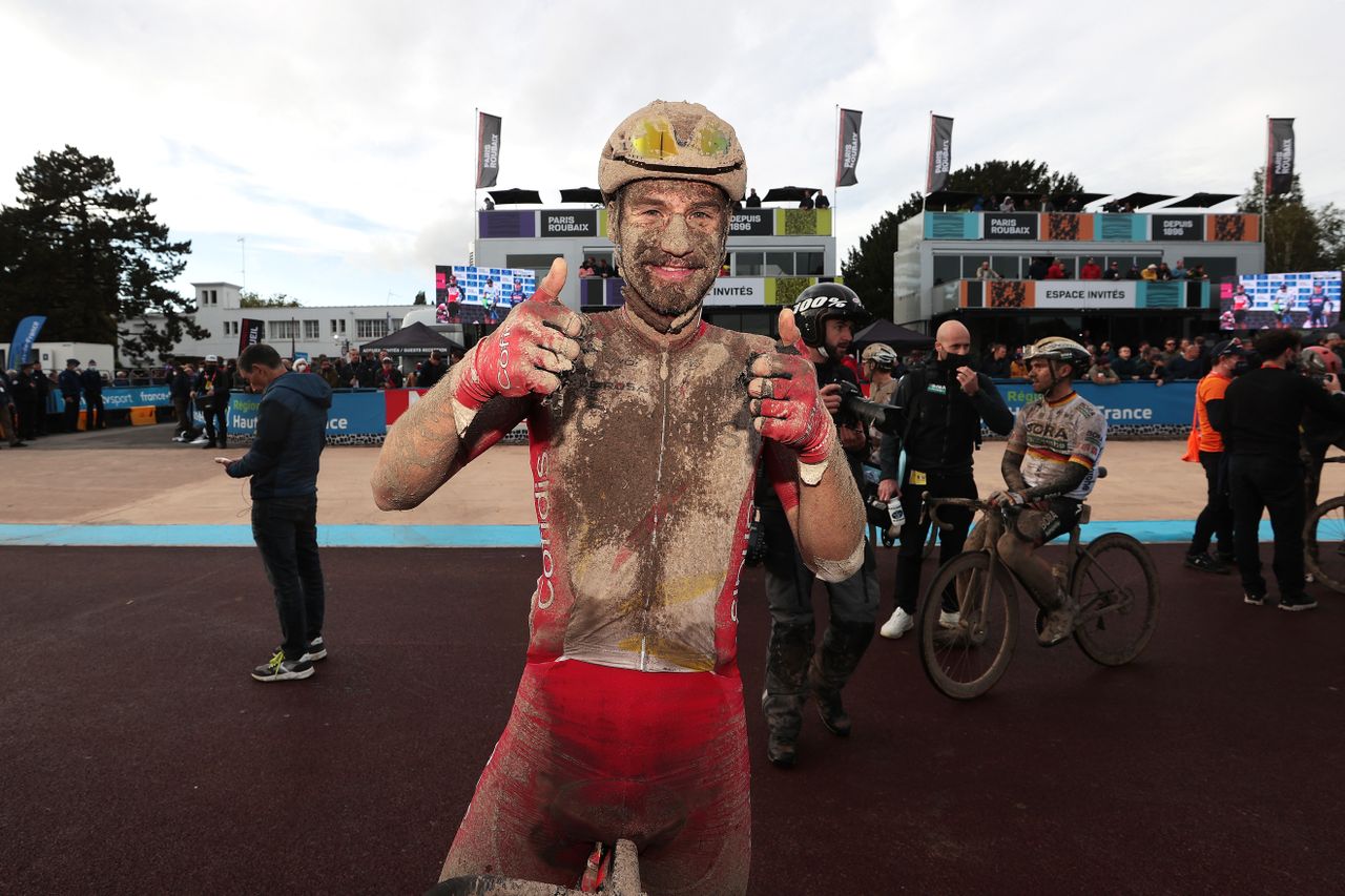 ROUBAIX FRANCE OCTOBER 03 Tom Bohli of Switzerland and Team Cofidis covered in mud after the 118th ParisRoubaix 2021 Mens Eilte a 2577km race from Compigne to Roubaix ParisRoubaix on October 03 2021 in Roubaix France Photo by Fred Mons PoolGetty Images