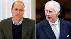 Composite of a picture of Prince William visiting charity Depaul in 2023 and a picture of King Charles leaving The London Clinic in 2024