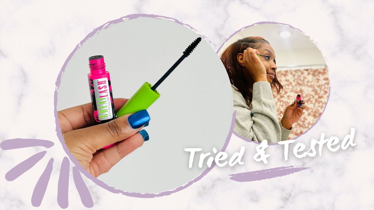 A side-by-side collage of Kenedee looking in the mirror applying mascara on the left and the person holding an opened green and pink mascara, for Maybelline Great Lash Mascara review.