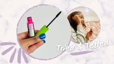 A side-by-side collage of Kenedee looking in the mirror applying mascara on the left and the person holding an opened green and pink mascara, for Maybelline Great Lash Mascara review.