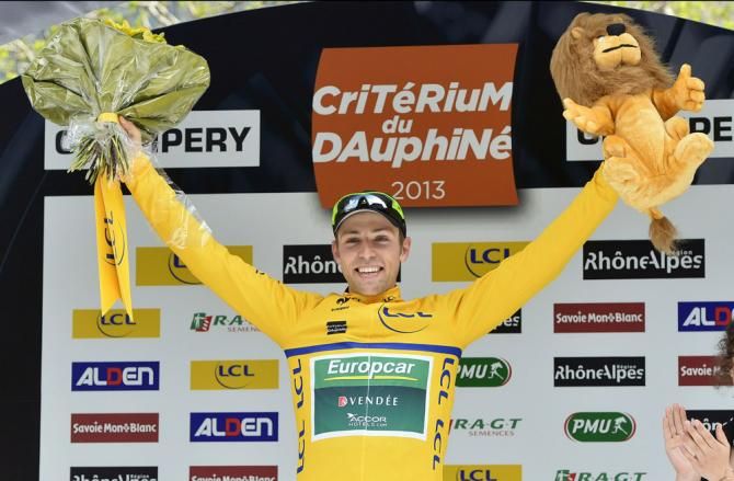 A beaming David Veilleux (Europcar) in the leader's jersey at the 2013 Crit&eacute;rium du Dauphin&eacute;