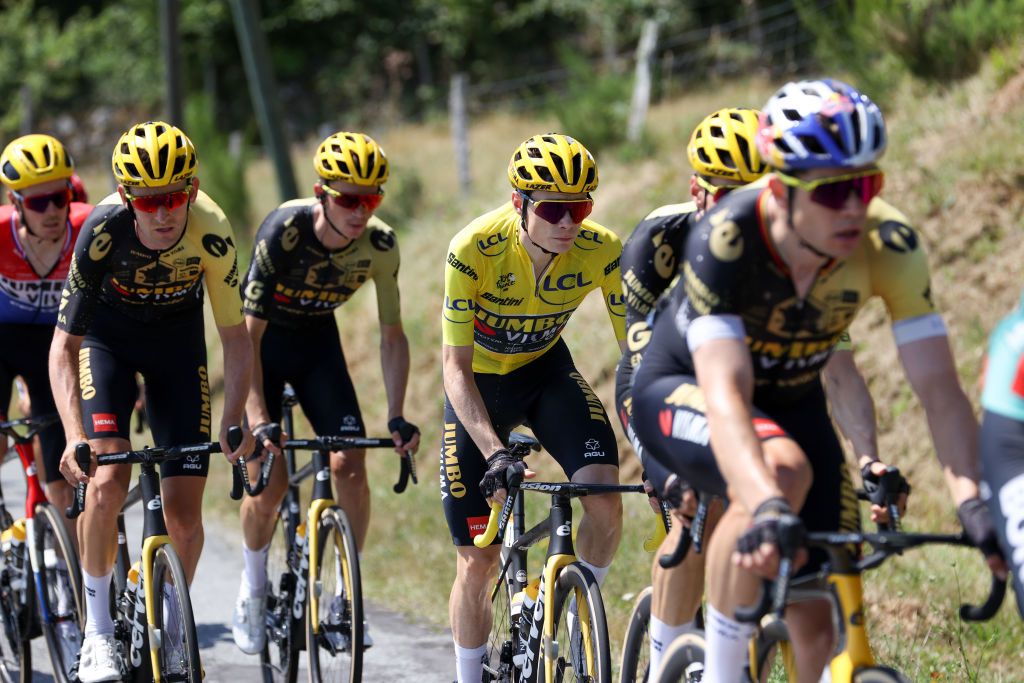 PUY DE DME FRANCE JULY 09 LR Tiesj Benoot of Belgium and Jonas Vingegaard of Denmark and Team JumboVisma Yellow Leader Jersey compete during the stage nine of the 110th Tour de France 2023 a 1824km stage from SaintLonarddeNoblat to Puy de Dme 1412m UCIWT on July 09 2023 in Puy de Dme France Photo by Michael SteeleGetty Images