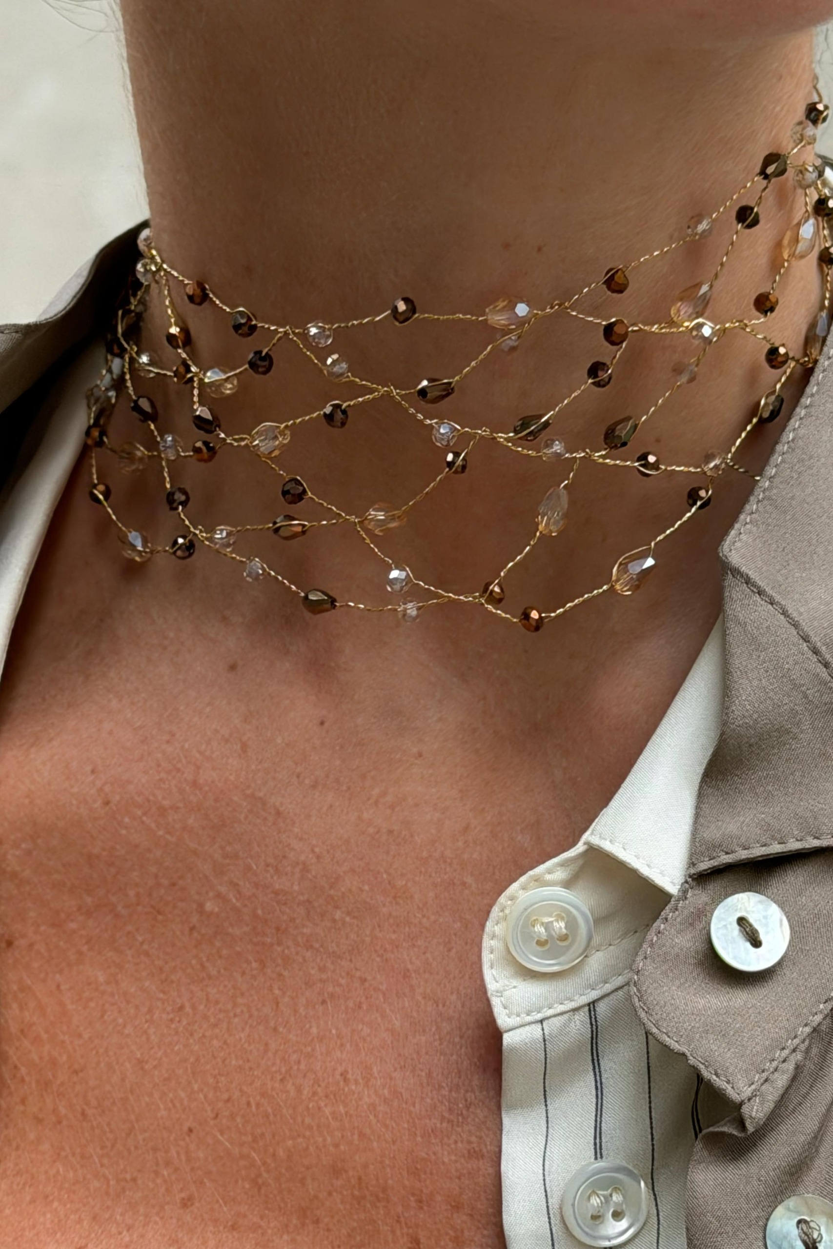 Metallic Thread Stone Choker Necklace - Golden - M