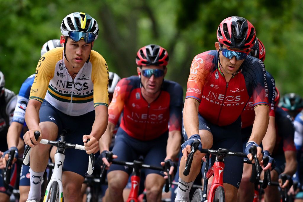 MONTREAL QUEBEC SEPTEMBER 10 LR Lucas Plapp of Australia and Michal Kwiatkowski of Poland and Team INEOS Grenadiers during to the 12th Grand Prix Cycliste de Montreal 2023 a 2214km one day race from Montreal to Montreal UCIWT on September 10 2023 in Montreal Quebec Photo by Dario BelingheriGetty Images