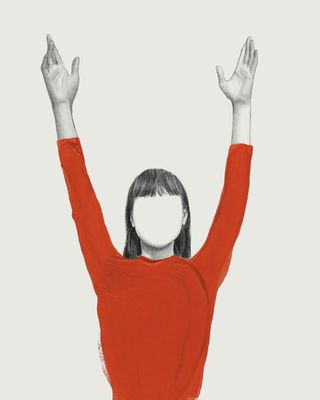 Pale grey background, a faceless girl with straight black hair with a fringe, red long sleeve top, arms raised in the air, palms open