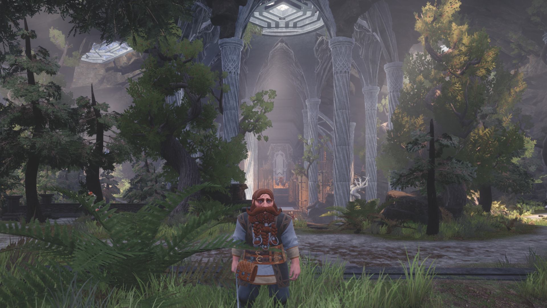 Dwarf standing in elven grotto