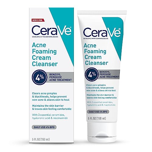 Cerave Acne Foaming Cream Cleanser, 4% Benzoyl Peroxide Face Wash With Hyaluronic Acid, Niacinamide &amp; Ceramides, Gentle Daily Acne Treatment for Face