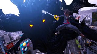 Hero with a key-shaped sword clashes with a giant shadowy monster with glowing eyes in a bustling cityscape. Dynamic, intense, and dramatic.