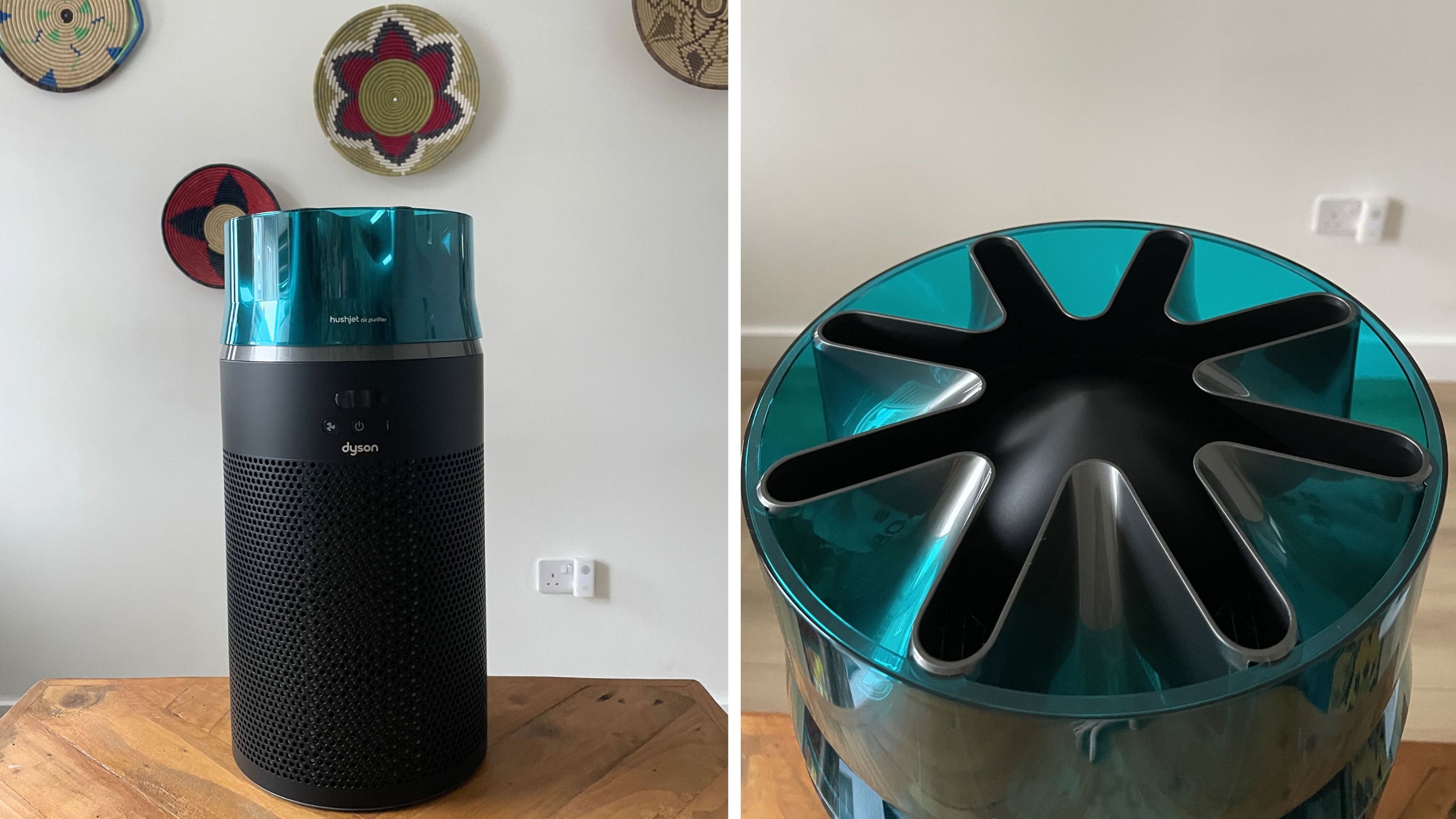 Side by side images of the Dyson Hushjet sitting on a wooden table, one zoomed in on the star-shaped nozzle