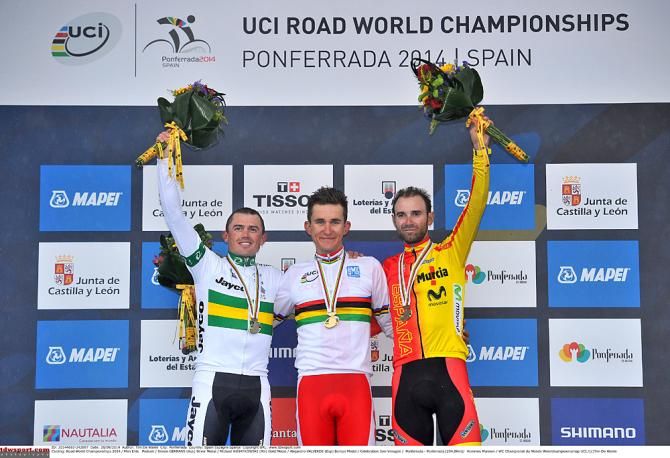 Worlds elite men's road race podium (l-r): Simon Gerrans (Australia), Michal Kwiatkowski (Poland) and Alejandro Valverde (Spain)