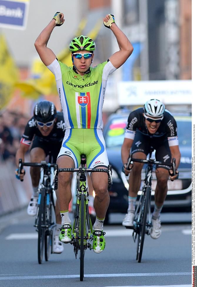 Peter Sagan (Cannondale) out-sprinted Niki Terpstra and Geraint Thomas to win E3 Harelbeke