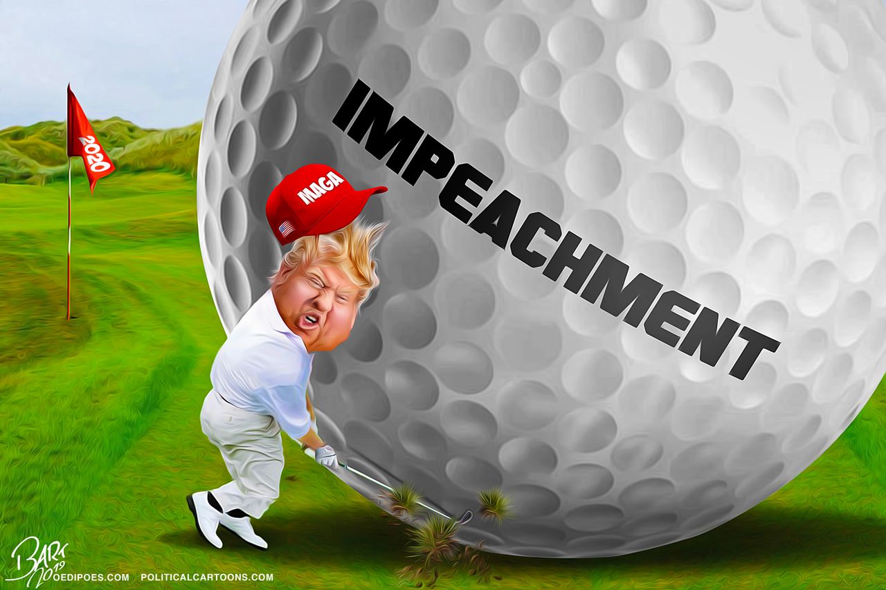 Political Cartoon U.S. Trump Pushing Giant Impeachment Golf Ball