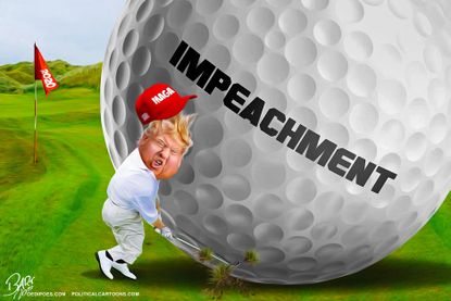 Political Cartoon U.S. Trump Pushing Giant Impeachment Golf Ball