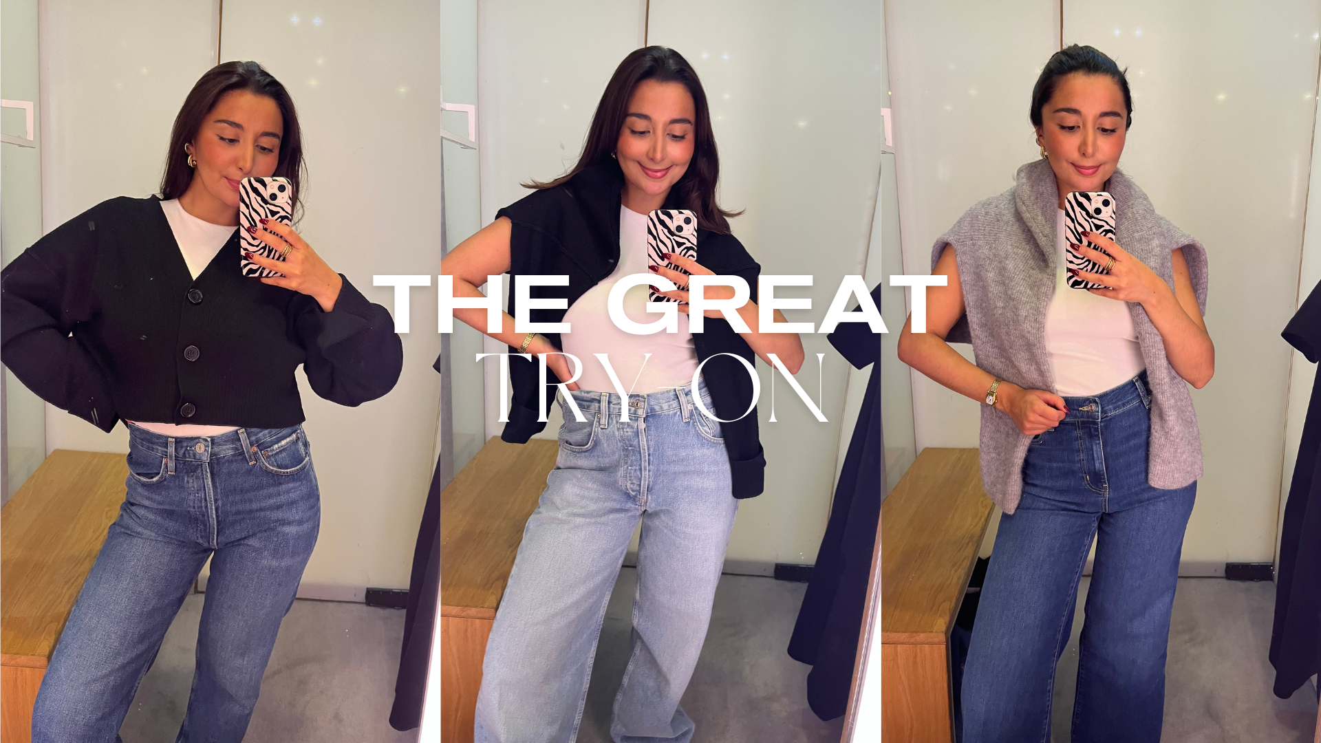 Senior Shopping Editor Marina trying on the best jeans for autumn 2025. In the photo, she is wearing three different pairs of blue jeans with a white tee.